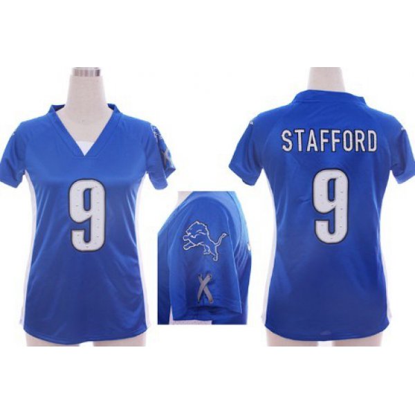 Nike Detroit Lions #9 Matthew Stafford 2012 Light Blue Womens Draft Him II Top Jersey