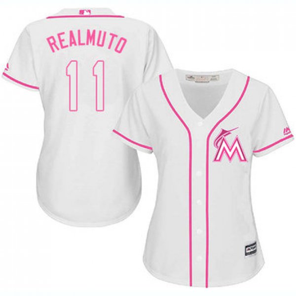 Marlins #11 JT Realmuto White Pink Fashion Women's Stitched Baseball Jersey