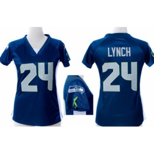 Nike Seattle Seahawks #24 Marshawn Lynch 2012 Blue Womens Draft Him II Top Jersey