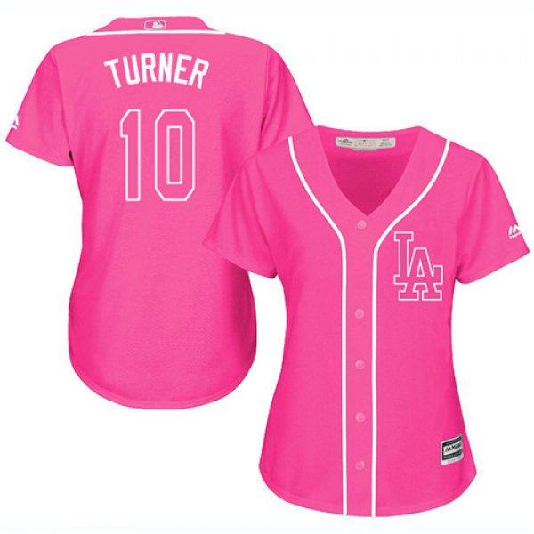 Dodgers #10 Justin Turner Pink Fashion Women's Stitched Baseball Jersey