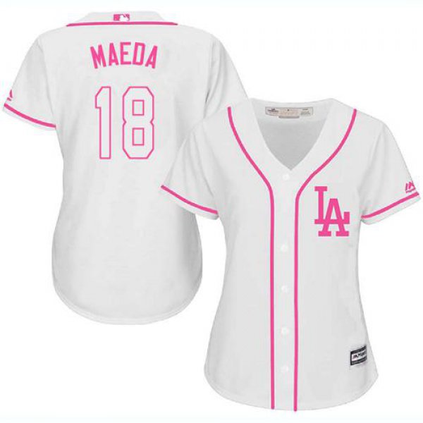 Dodgers #18 Kenta Maeda White Pink Fashion Women's Stitched Baseball Jersey