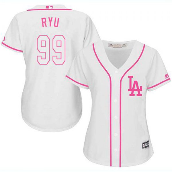 Dodgers #99 Hyun-Jin Ryu White Pink Fashion Women's Stitched Baseball Jersey