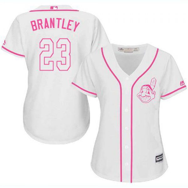Indians #23 Michael Brantley White Pink Fashion Women's Stitched Baseball Jersey