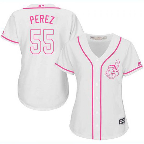 Indians #55 Roberto Perez White Pink Fashion Women's Stitched Baseball Jersey