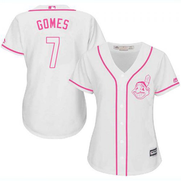 Indians #7 Yan Gomes White Pink Fashion Women's Stitched Baseball Jersey