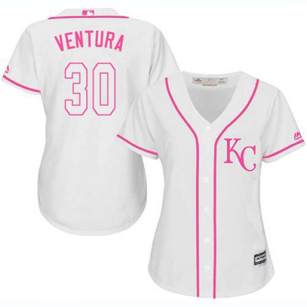 Royals #30 Yordano Ventura White Pink Fashion Women's Stitched Baseball Jersey