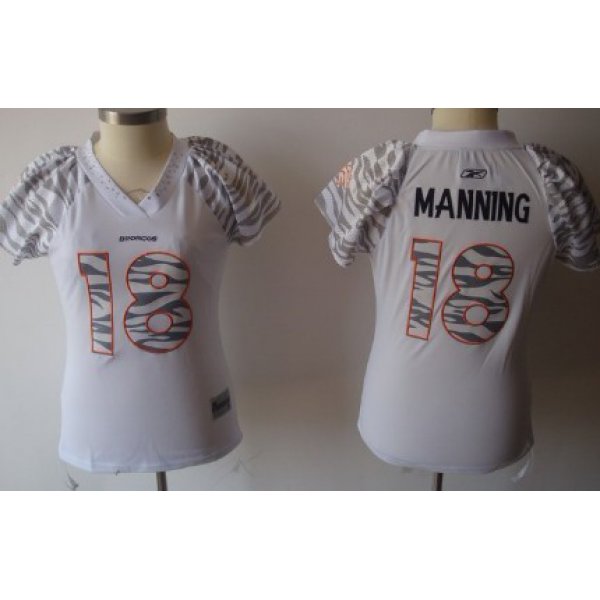 Denver Broncos #18 Peyton Manning White Womens Zebra Field Flirt Fashion Jersey