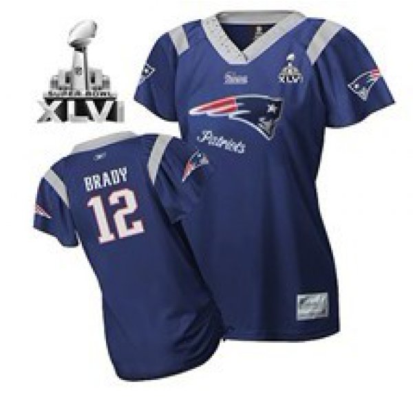 New England Patriots #12 Tom Brady 2011 Blue Womens Field Flirt Fashion 2012 Super Bowl XLVI Jersey