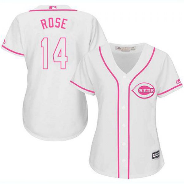 Reds #14 Pete Rose White Pink Fashion Women's Stitched Baseball Jersey