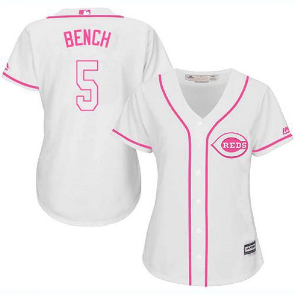 Reds #5 Johnny Bench White Pink Fashion Women's Stitched Baseball Jersey