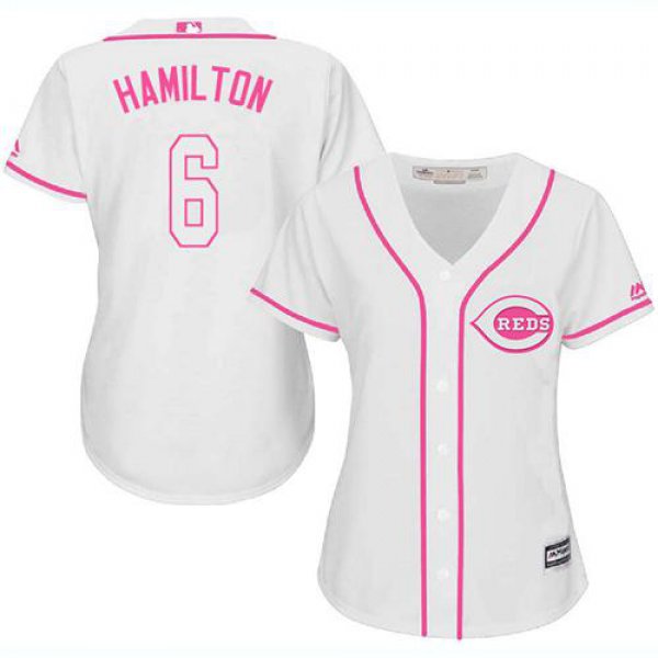 Reds #6 Billy Hamilton White Pink Fashion Women's Stitched Baseball Jersey
