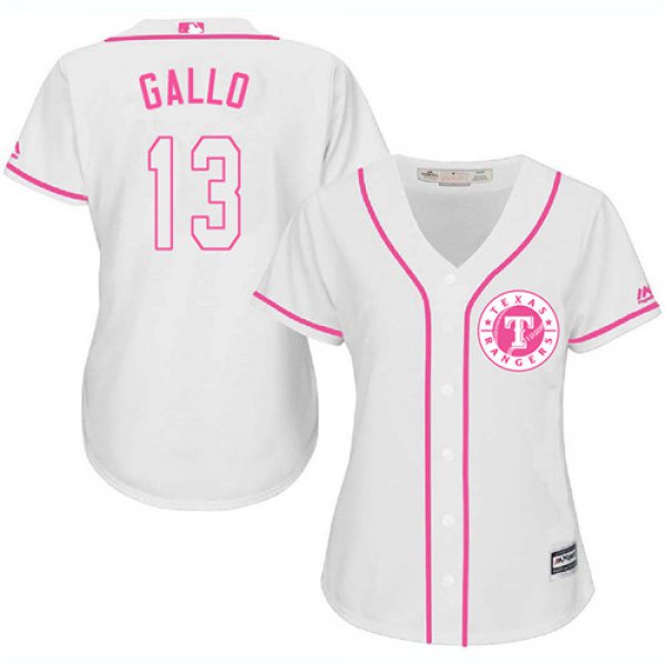 Rangers #13 Joey Gallo White Pink Fashion Women's Stitched Baseball Jersey