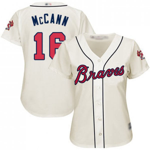 Braves #16 Brian McCann Cream Alternate Women's Stitched Baseball Jersey
