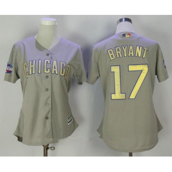 Women's Chicago Cubs #17 Kris Bryant Gray World Series Champions Gold Stitched MLB Majestic 2017 Cool Base Jersey