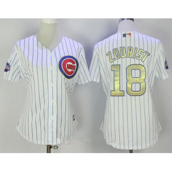 Women's Chicago Cubs #18 Ben Zobrist White World Series Champions Gold Stitched MLB Majestic 2017 Cool Base Jersey