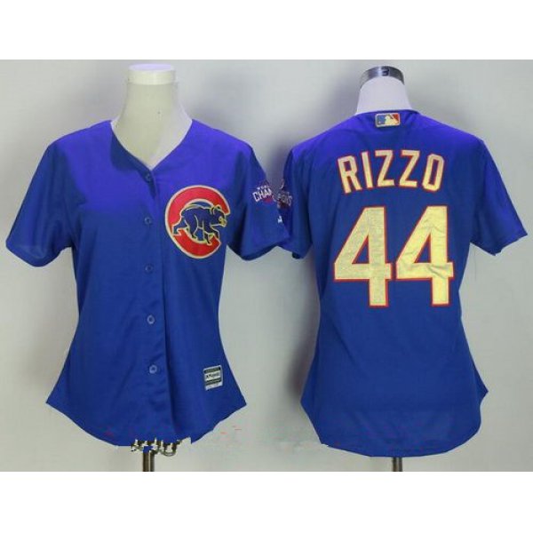 Women's Chicago Cubs #44 Anthony Rizzo Royal Blue World Series Champions Gold Stitched MLB Majestic 2017 Cool Base Jersey