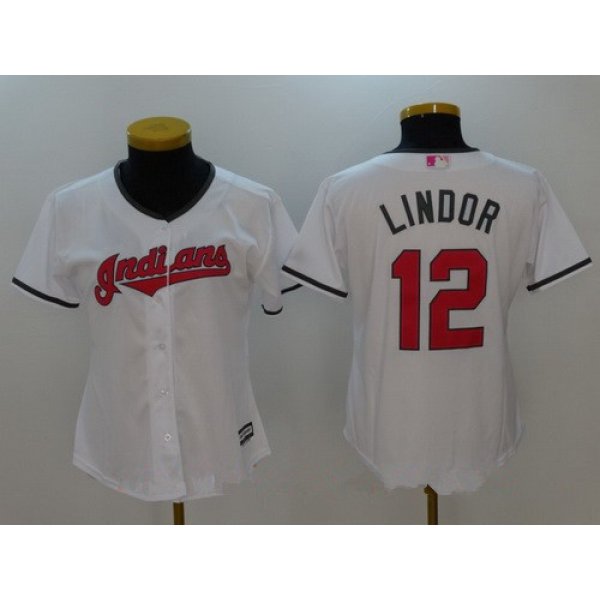Women's Cleveland Indians #12 Francisco Lindor White With Pink Mother's Day Stitched MLB Majestic Cool Base Jersey