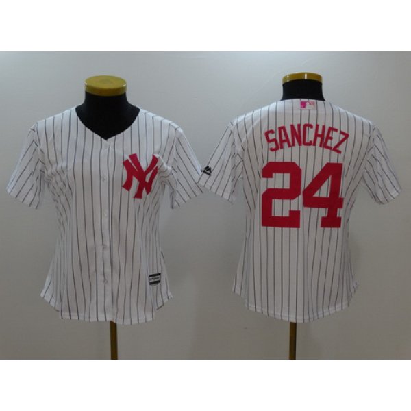 Women's New York Yankees #24 Gary Sanchez White With Pink Mother's Day Stitched MLB Majestic Cool Base Jersey