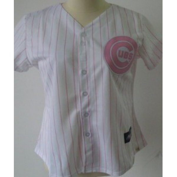 Chicago Cubs #10 Ron Santo White With Pink Pinstripe Womens Jersey