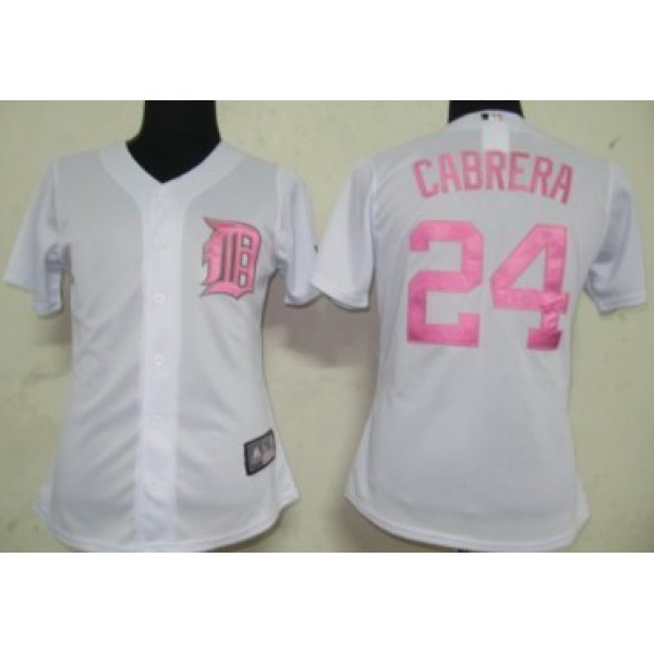 Detroit Tigers #24 Cabrera White With Pink Womens Jersey