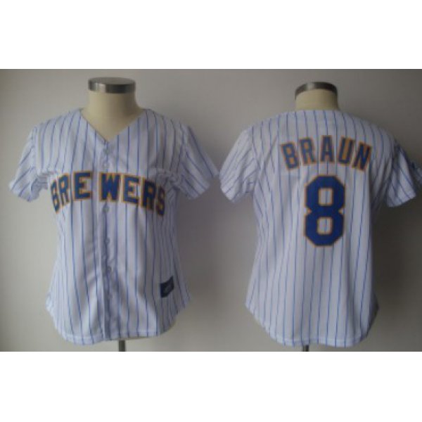 Milwaukee Brewers #8 Braun White With Blue Womens Jersey