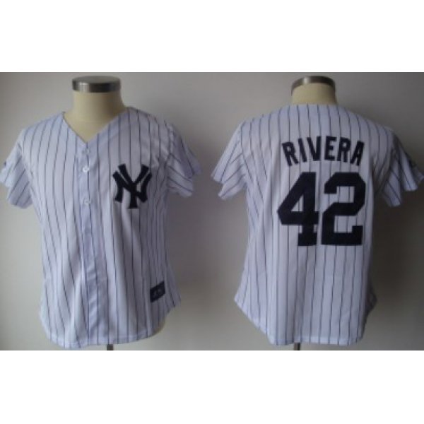 New York Yankees #42 Rivera White With Black Pinstripe Womens Jersey