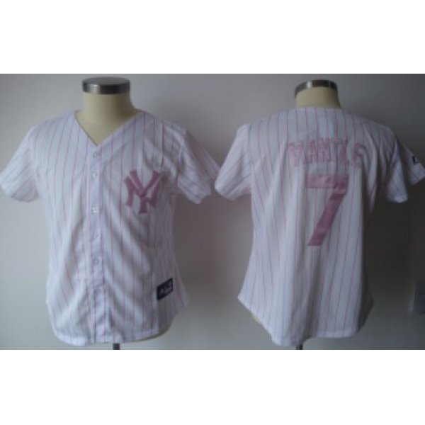 New York Yankees #7 Mantle White With Pink Pinstripe Womens Jersey