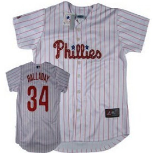 Philadelphia Phillies #34 Halladay White With Red Pinstripe Womens Jersey