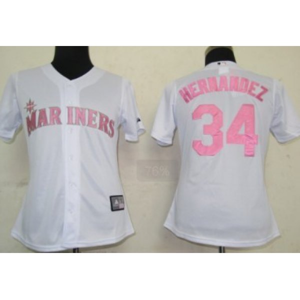 Seattle Mariners #34 Hernandez White With Pink Womens Jersey