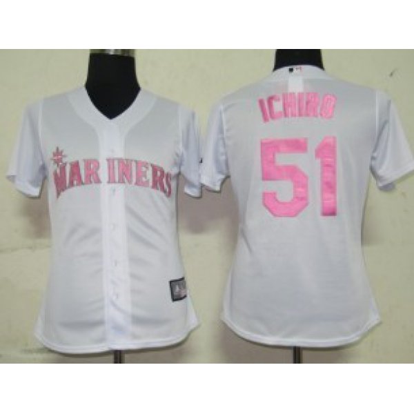 Seattle Mariners #51 Ichiro White With Pink Womens Jersey