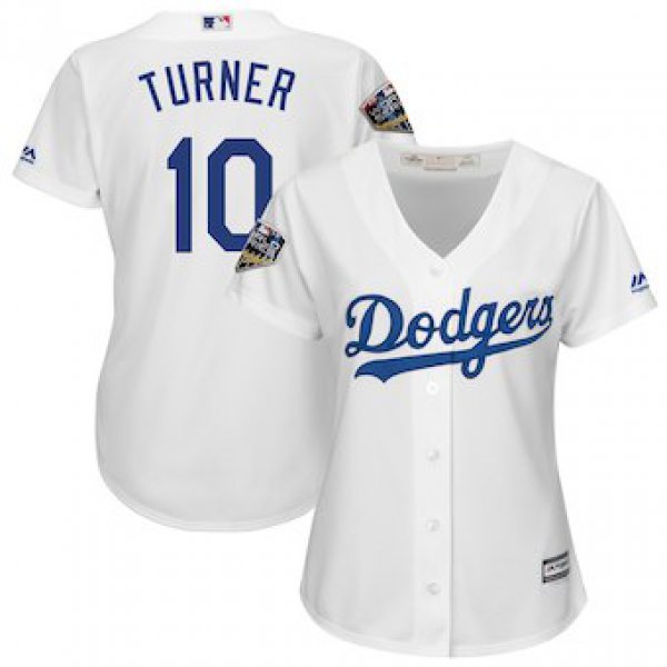 Women's Los Angeles Dodgers 10 Justin Turner Majestic White 2018 World Series Jersey
