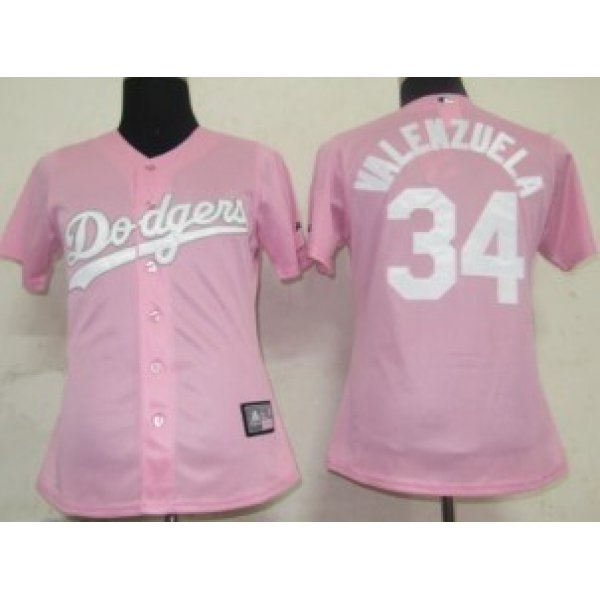 Los Angeles Dodgers #34 Valenzuela Pink With White Womens Jersey