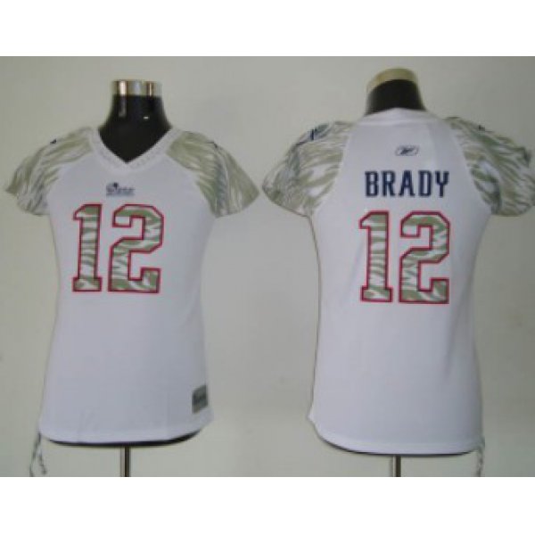 New England Patriots #12 Brady White Womens Zebra Field Flirt Fashion Jersey