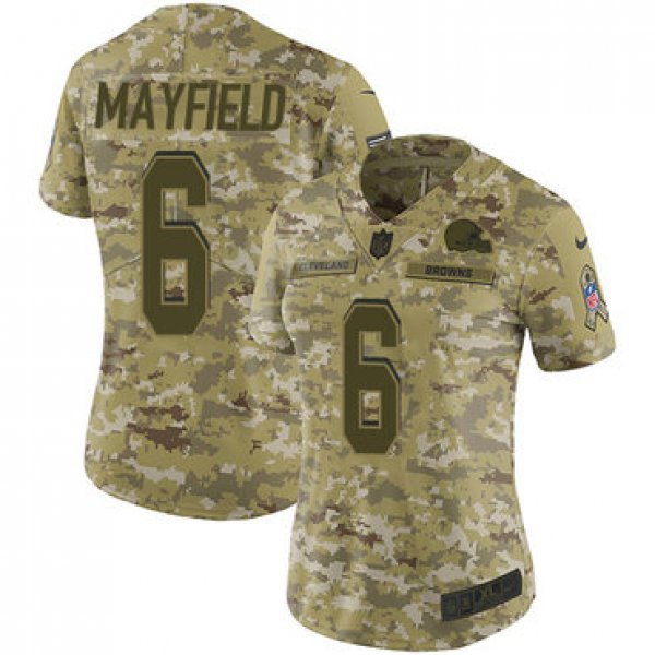 Nike Browns #6 Baker Mayfield Camo Women's Stitched NFL Limited 2018 Salute to Service Jersey