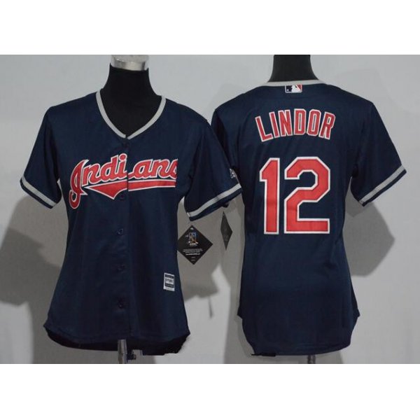 Women's Cleveland Indians #12 Francisco Lindor Navy Blue Stitched MLB Majestic Cool Base Jersey