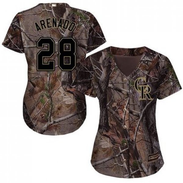 Colorado Rockies #28 Nolan Arenado Camo Realtree Collection Cool Base Women's Stitched Baseball Jersey