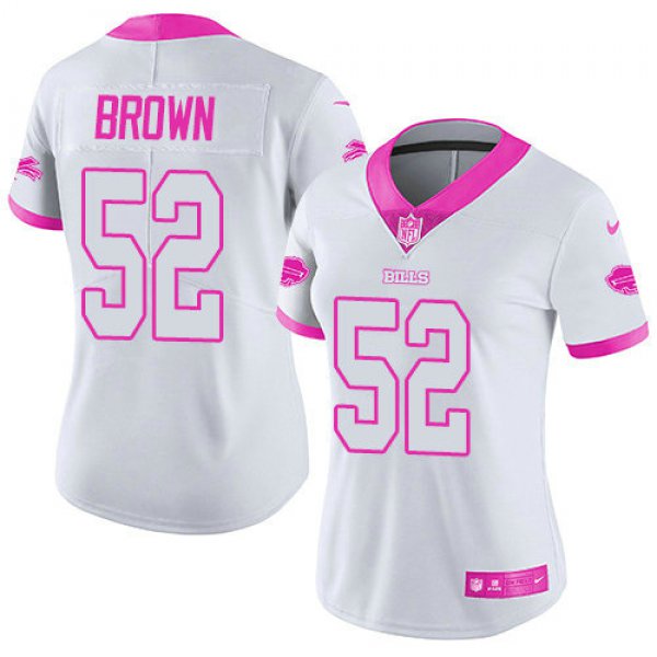 Women Nike Bills #52 Preston Brown White Pink Stitched NFL Limited Rush Fashion Jersey