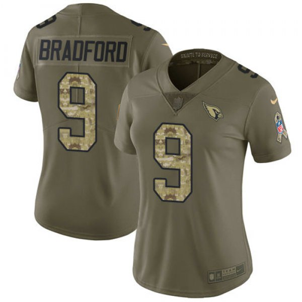 Women Nike Cardinals #9 Sam Bradford Olive Camo Stitched NFL Limited 2017 Salute to Service Jersey