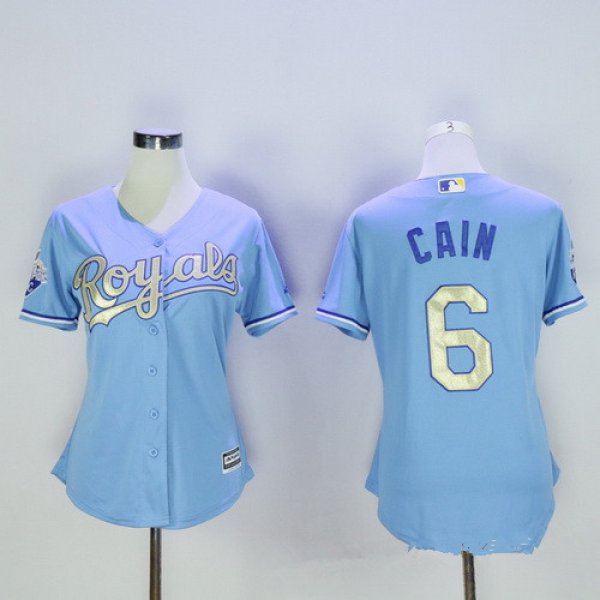 Women's Kansas City Royals #6 Lorenzo Cain Light Blue 2015 World Series Champions Gold Program Cool Base Jersey