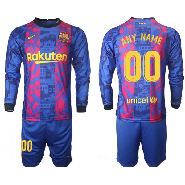 Men 2021-2022 Club Barcelona Second away blue Long Sleeve customized Soccer Jersey