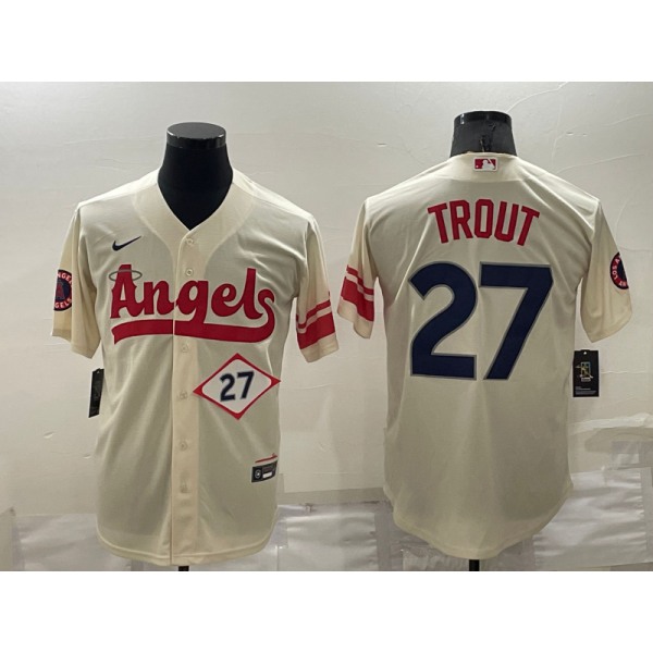 Men's Los Angeles Angels #27 Mike Trout Number Cream 2022 City Connect Cool Base Stitched Jersey