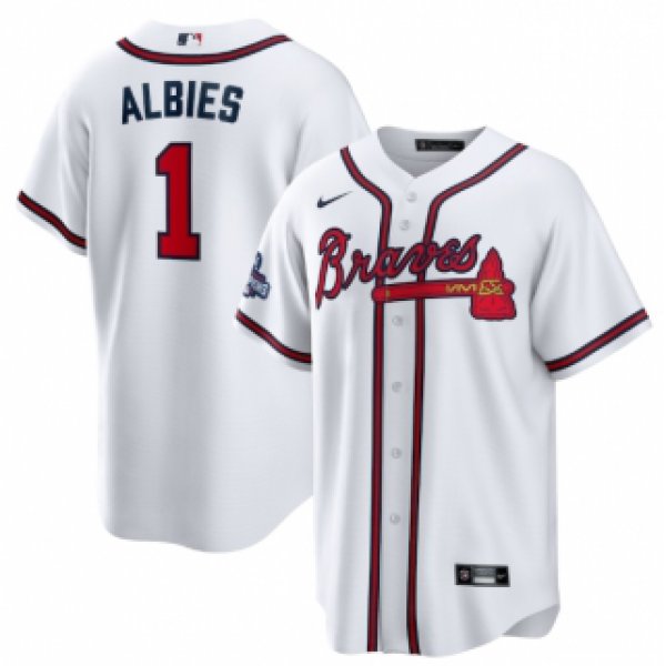 Men's White Atlanta Braves #1 Ozzie Albies 2021 World Series Champions Cool Base Stitched Jersey