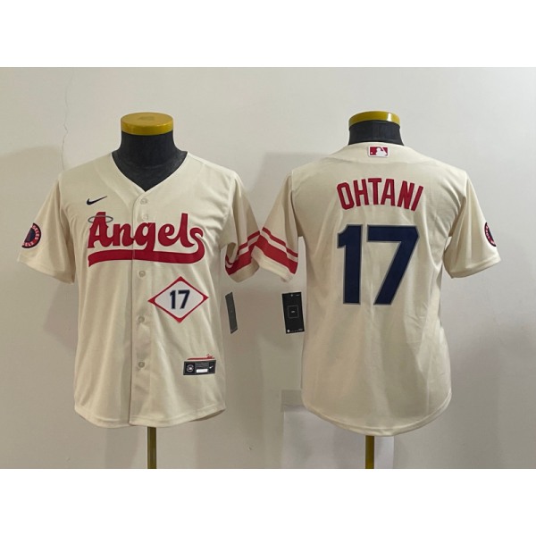 Youth Los Angeles Angels #17 Shohei Ohtani Number Cream 2022 City Connect Cool Base Stitched Jersey