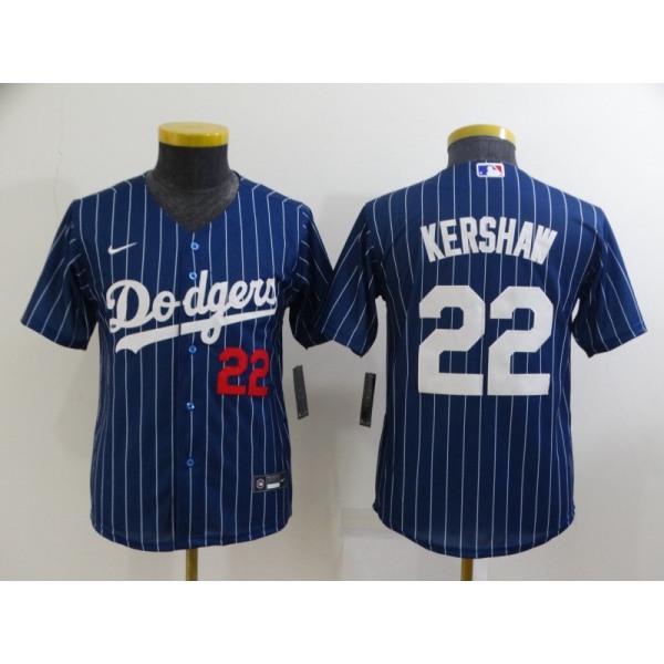 Youth Los Angeles Dodgers #22 Clayton Kershaw Navy Blue Pinstripe Stitched MLB Cool Base Nike Jersey