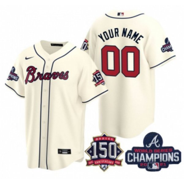 Men's Cream Atlanta Braves Active Player Custom 2021 World Series Chimpions With 150th Anniversary Cool Base Stitched Jersey