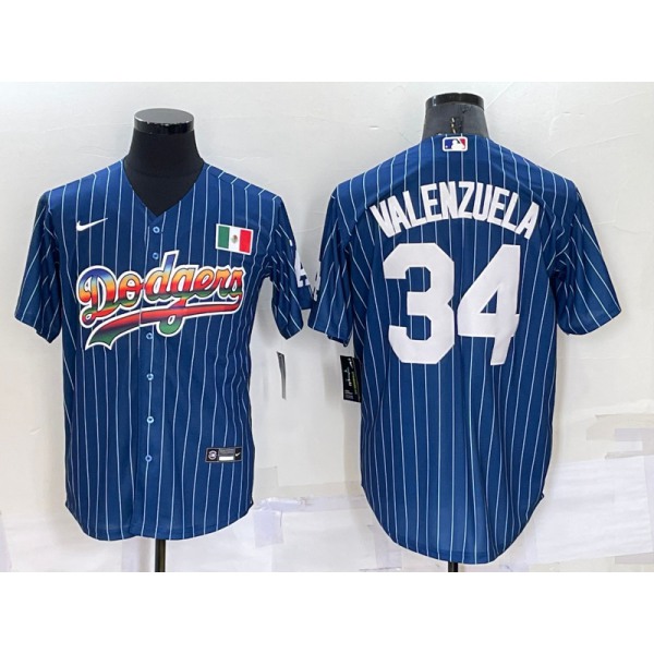 Men's Los Angeles Dodgers #34 Fernando Valenzuela Rainbow Blue Red Pinstripe Mexico Cool Base Nike Jersey