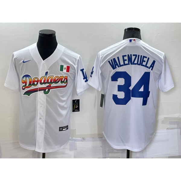 Men's Los Angeles Dodgers #34 Fernando Valenzuela Rainbow White Mexico Cool Base Nike Jersey