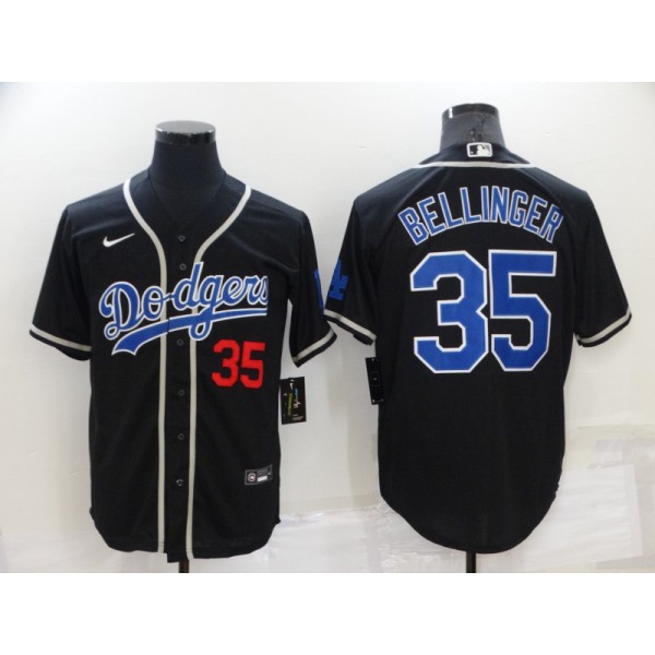 Men's Los Angeles Dodgers #35 Cody Bellinger Black Blue Name Stitched MLB Cool Base Nike Jersey