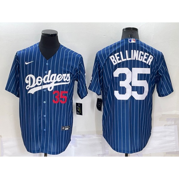 Men's Los Angeles Dodgers #35 Cody Bellinger Number Red Navy Blue Pinstripe Stitched MLB Cool Base Nike Jersey