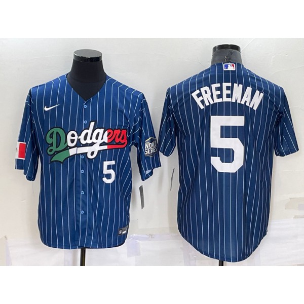 Men's Los Angeles Dodgers #5 Freddie Freeman Number Navy Blue Pinstripe 2020 World Series Cool Base Nike Jersey